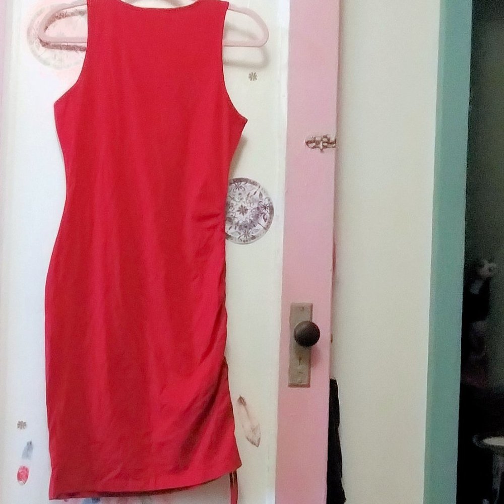 Missufe (S) Ruched Drawstring Asymmetrical Dress - Red - Picture 3 of 6